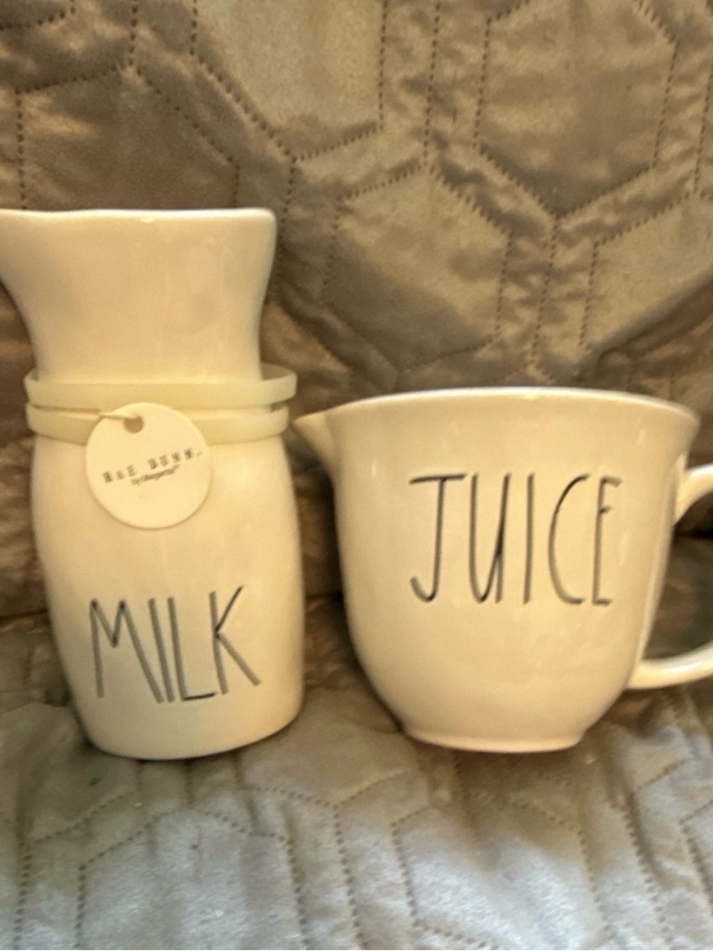 Rae Dunn Cream White "MILK" Carafe and "JUICE" Pitcher